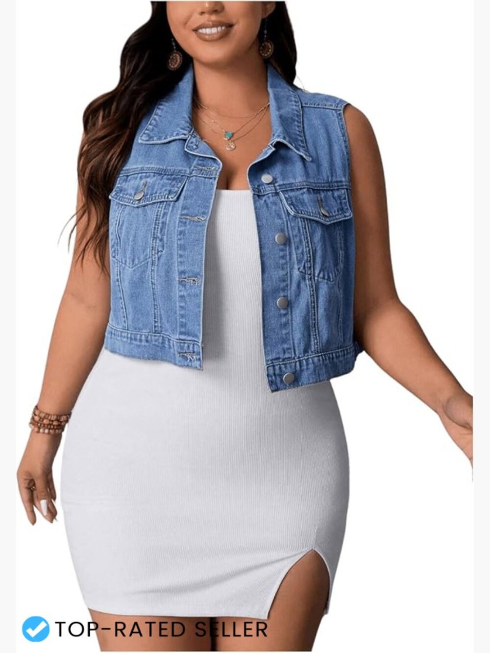 Plus Size Denim Vest Sleeveless Crop Jacket Y2K Flap Pocket Button Down
